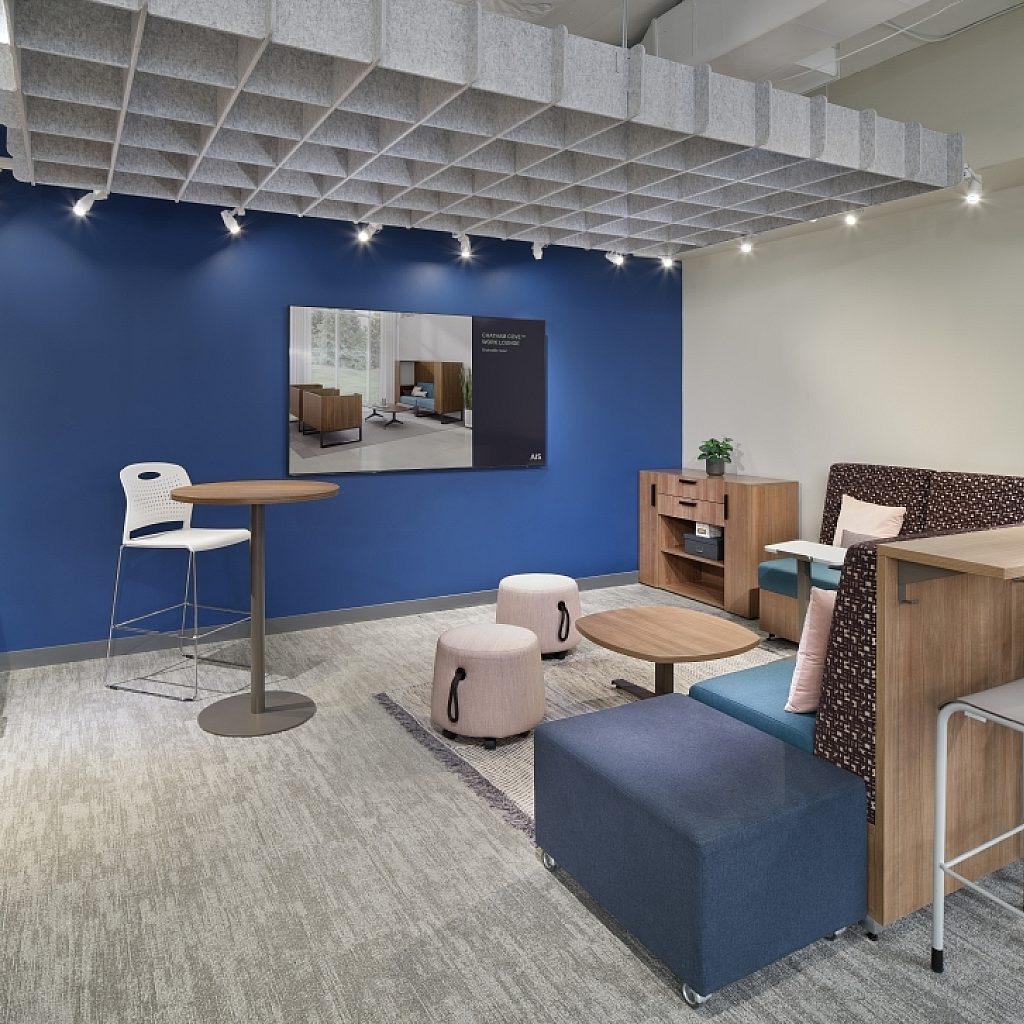 AIS meeting space tables with pierce stools and calibrate storage md
