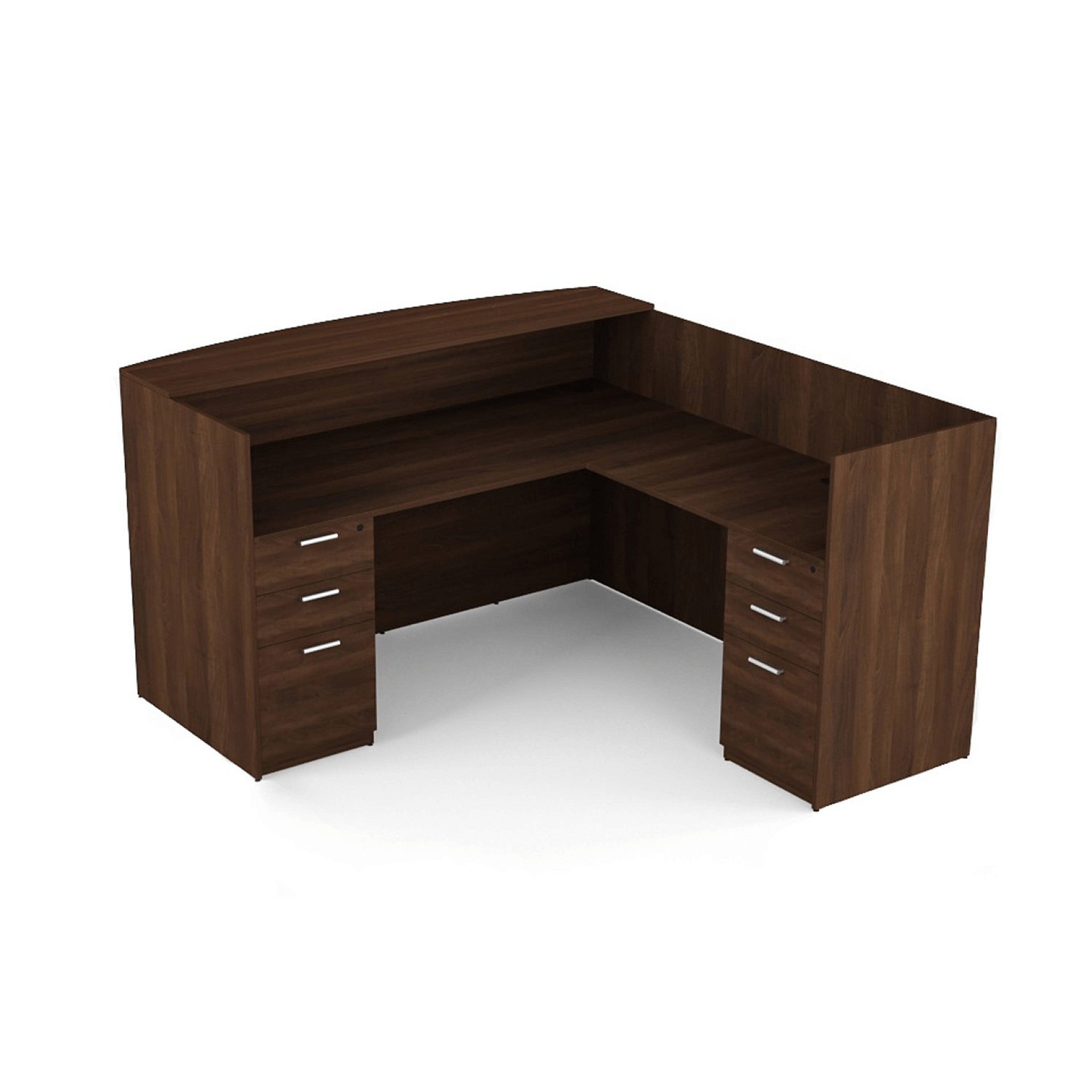 Product Kai Walnut L Shaped Reception Desk with Double Full Peds