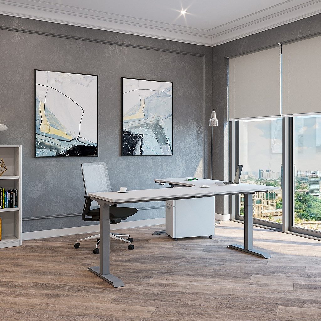 I Rize L Shape Standing Desk Matte White with Silver Base i5